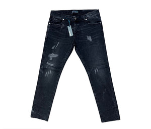 Black distressed stretch jean with frayed bottom